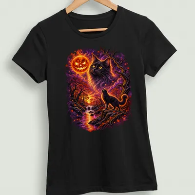 Whimsical black cat sitting against a vibrant pumpkin moon and sunset background — printed on a women's shirt