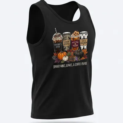 Whimsical illustration of Halloween-themed coffee cups with text about spooky vibes — printed on a tank top