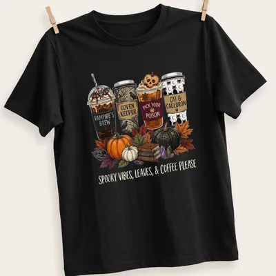 Whimsical illustration of Halloween-themed coffee cups with text about spooky vibes