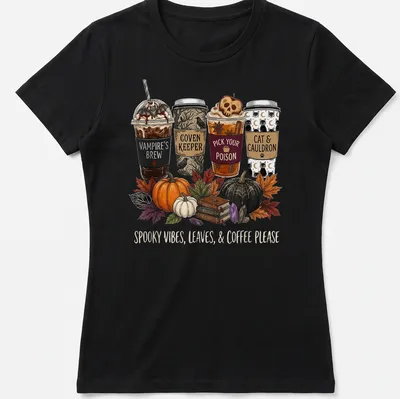 Whimsical illustration of Halloween-themed coffee cups with text about spooky vibes — printed on a women's shirt