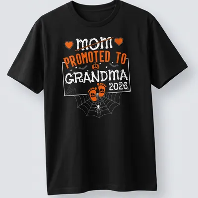 Playful Halloween design with pumpkins and feet, featuring text 'Mom Promoted To Grandma 2026'