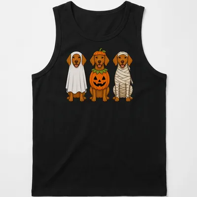 Cartoon Vizsla dogs in Halloween costumes: ghost, pumpkin, and mummy. — printed on a tank top