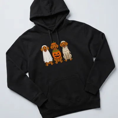 Cartoon Vizsla dogs in Halloween costumes: ghost, pumpkin, and mummy. — printed on a unisex hoodie