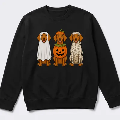 Cartoon Vizsla dogs in Halloween costumes: ghost, pumpkin, and mummy. — printed on a unisex sweatshirt