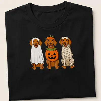 Cartoon Vizsla dogs in Halloween costumes: ghost, pumpkin, and mummy.