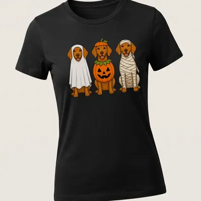 Cartoon Vizsla dogs in Halloween costumes: ghost, pumpkin, and mummy. — printed on a women's shirt
