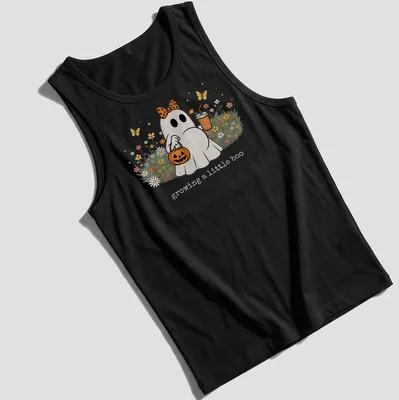 Kawaii Halloween ghost with the text 'growing a little boo' in bright colors. — printed on a tank top