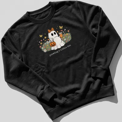 Kawaii Halloween ghost with the text 'growing a little boo' in bright colors. — printed on a unisex sweatshirt