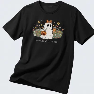 Kawaii Halloween ghost with the text 'growing a little boo' in bright colors.