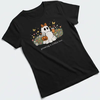 Kawaii Halloween ghost with the text 'growing a little boo' in bright colors. — printed on a women's shirt