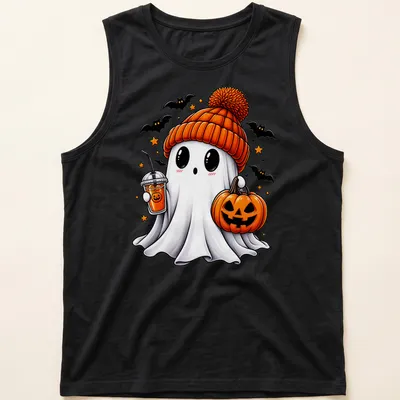 Kawaii Halloween ghost with pumpkin and spooky drink in bright colors — printed on a tank top
