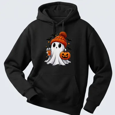 Kawaii Halloween ghost with pumpkin and spooky drink in bright colors — printed on a unisex hoodie