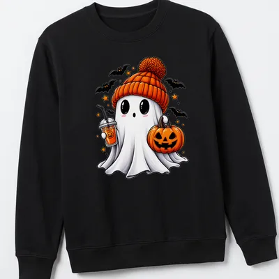 Kawaii Halloween ghost with pumpkin and spooky drink in bright colors — printed on a unisex sweatshirt