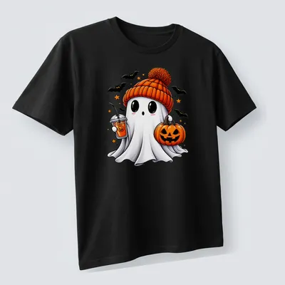 Kawaii Halloween ghost with pumpkin and spooky drink in bright colors — printed on a unisex t-shirt (angled view)