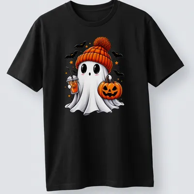 Kawaii Halloween ghost with pumpkin and spooky drink in bright colors — printed on a unisex t-shirt