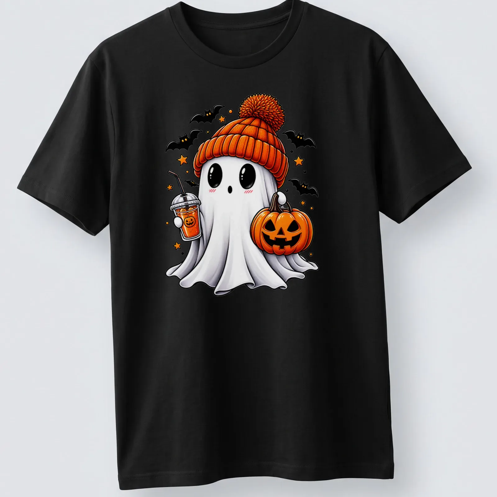 Kawaii Halloween ghost with pumpkin and spooky drink in bright colors — printed on a unisex t-shirt