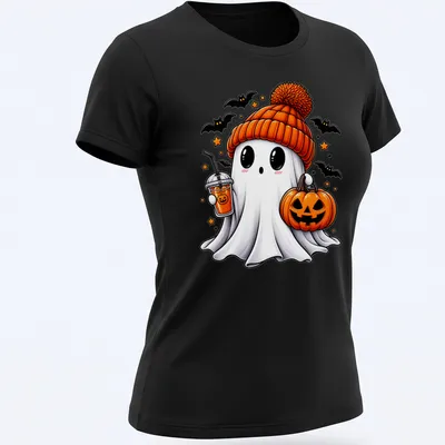 Kawaii Halloween ghost with pumpkin and spooky drink in bright colors — printed on a women's shirt