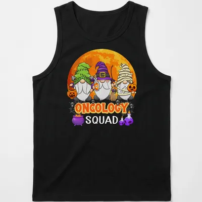 Cartoon gnomes in Halloween costumes with text Oncology Squad — printed on a tank top