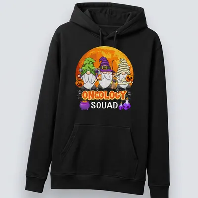 Cartoon gnomes in Halloween costumes with text Oncology Squad — printed on a unisex hoodie