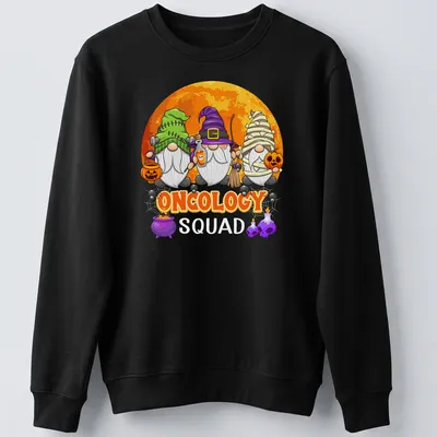 Cartoon gnomes in Halloween costumes with text Oncology Squad — printed on a unisex sweatshirt