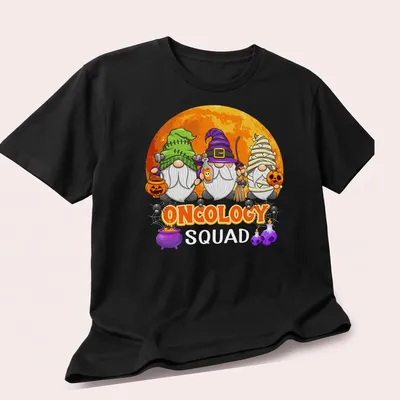 Cartoon gnomes in Halloween costumes with text Oncology Squad — printed on a unisex t-shirt (angled view)