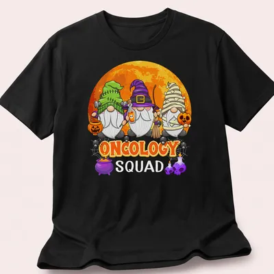 Cartoon gnomes in Halloween costumes with text Oncology Squad