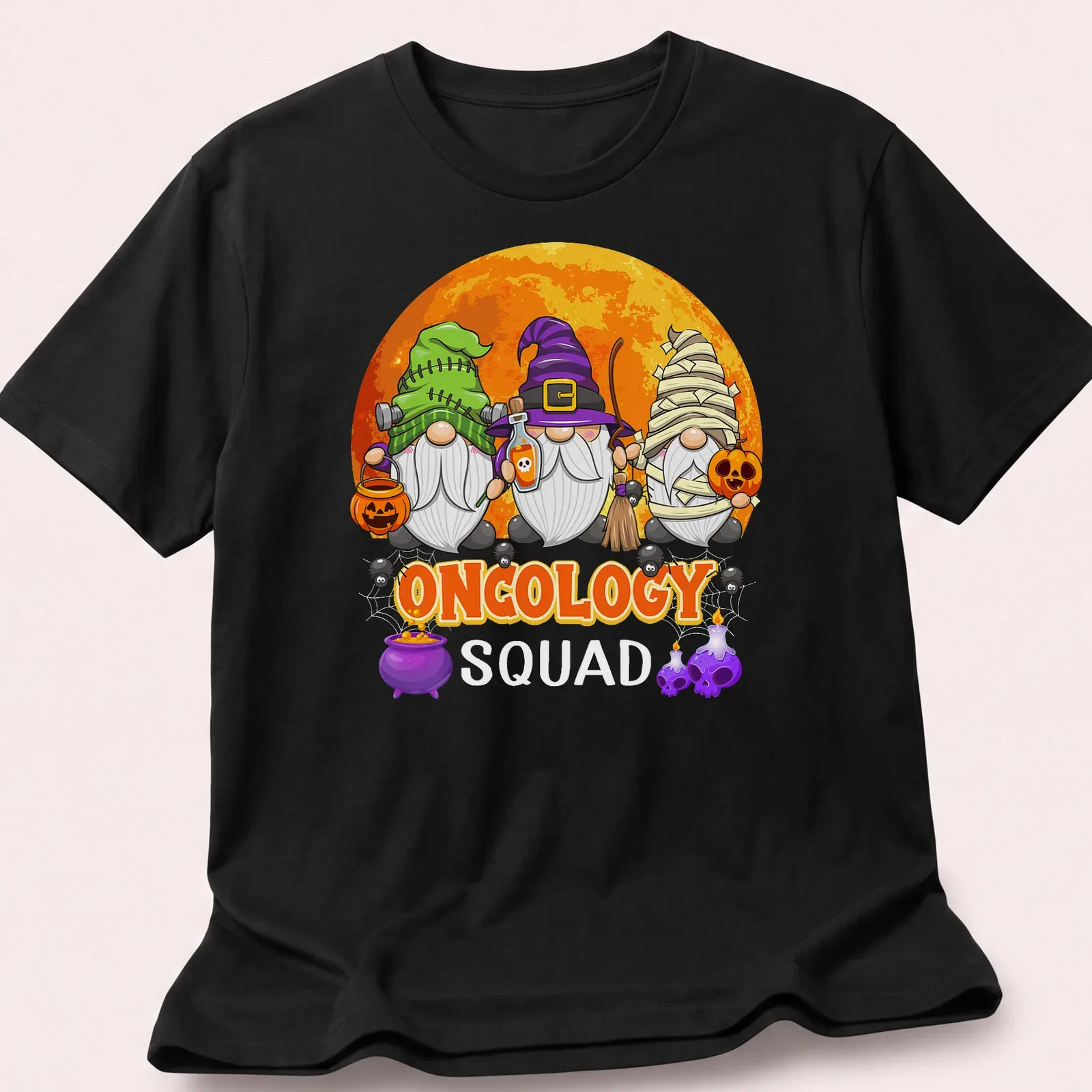 Cartoon gnomes in Halloween costumes with text Oncology Squad — printed on a unisex t-shirt