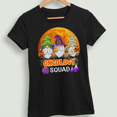 Cartoon gnomes in Halloween costumes with text Oncology Squad — printed on a women's shirt