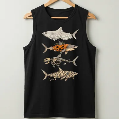 Illustrative t-shirt featuring a shark skeleton, pumpkin, and mummy elements for Halloween — printed on a tank top