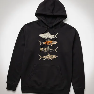 Illustrative t-shirt featuring a shark skeleton, pumpkin, and mummy elements for Halloween — printed on a unisex hoodie