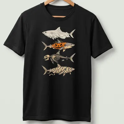 Illustrative t-shirt featuring a shark skeleton, pumpkin, and mummy elements for Halloween