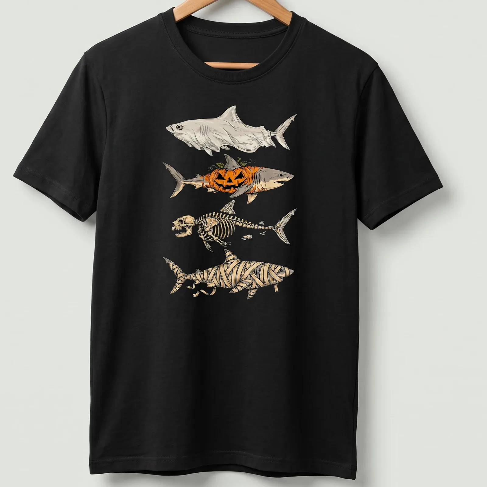 Illustrative t-shirt featuring a shark skeleton, pumpkin, and mummy elements for Halloween — printed on a unisex t-shirt