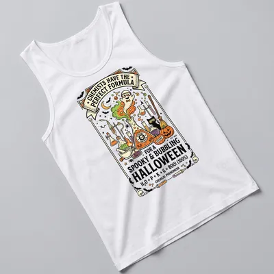 Colorful cartoon design of bubbling potion and lab equipment for Halloween — printed on a tank top