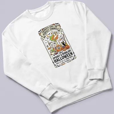 Colorful cartoon design of bubbling potion and lab equipment for Halloween — printed on a unisex sweatshirt