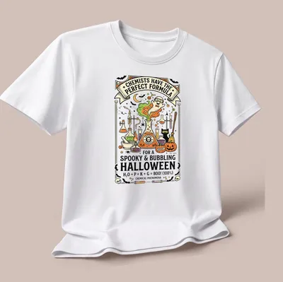 Colorful cartoon design of bubbling potion and lab equipment for Halloween — printed on a unisex t-shirt (angled view)