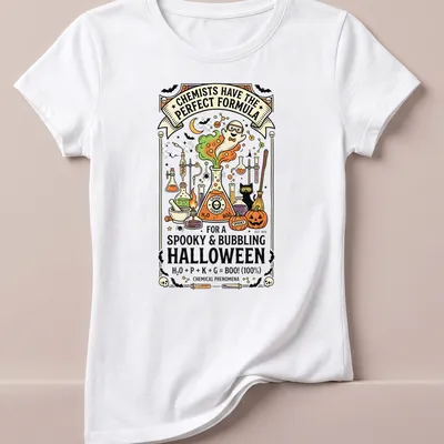 Colorful cartoon design of bubbling potion and lab equipment for Halloween — printed on a women's shirt