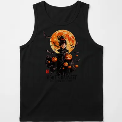 Gothic art Halloween witch surrounded by pumpkins in black, orange, white, and red — printed on a tank top