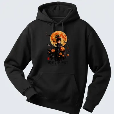 Gothic art Halloween witch surrounded by pumpkins in black, orange, white, and red — printed on a unisex hoodie