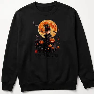 Gothic art Halloween witch surrounded by pumpkins in black, orange, white, and red — printed on a unisex sweatshirt