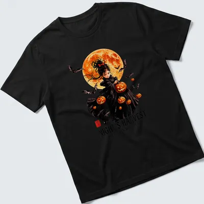 Gothic art Halloween witch surrounded by pumpkins in black, orange, white, and red