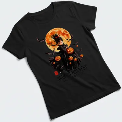 Gothic art Halloween witch surrounded by pumpkins in black, orange, white, and red — printed on a women's shirt