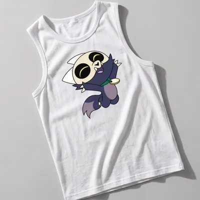 Cartoon style t-shirt featuring a happy jumping character with colorful accents — printed on a tank top