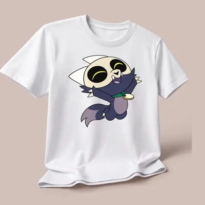 Cartoon style t-shirt featuring a happy jumping character with colorful accents — printed on a unisex t-shirt (angled view)