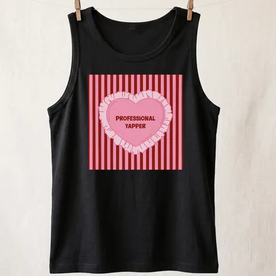 Cartoon heart design with humorous Professional Yapper text in pink and red — printed on a tank top