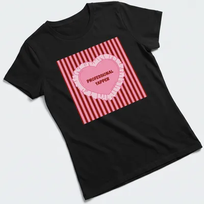 Cartoon heart design with humorous Professional Yapper text in pink and red — printed on a women's shirt
