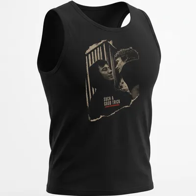Sketch art of two people in rivalry with the text 'SUCH A GOOD TRICK' — printed on a tank top