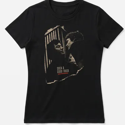 Sketch art of two people in rivalry with the text 'SUCH A GOOD TRICK' — printed on a women's shirt