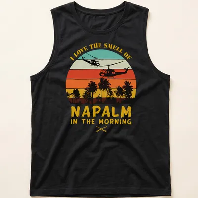 Retro sunset design with helicopters and bold text about napalm smell — printed on a tank top