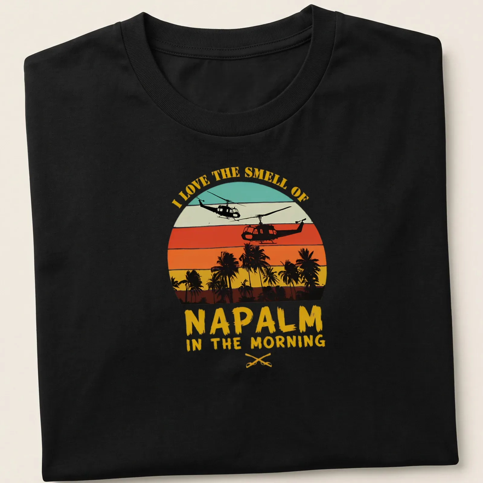 Retro sunset design with helicopters and bold text about napalm smell — printed on a unisex t-shirt
