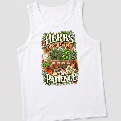 Illustrative botanical shirt with a herb garden and text about patience — printed on a tank top